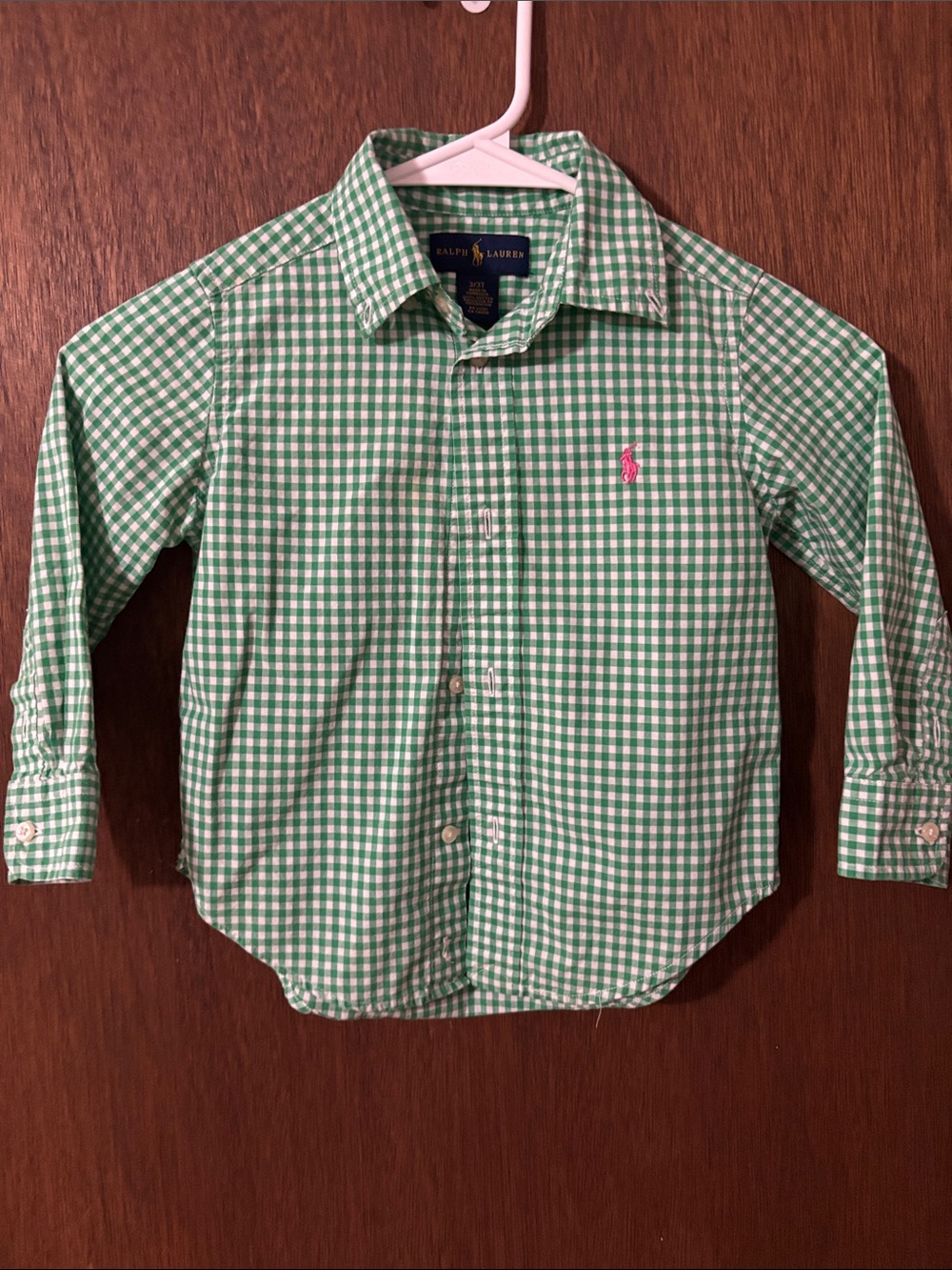 Ralph Lauren Green Gingham Button-Down Shirt with Pink Pony